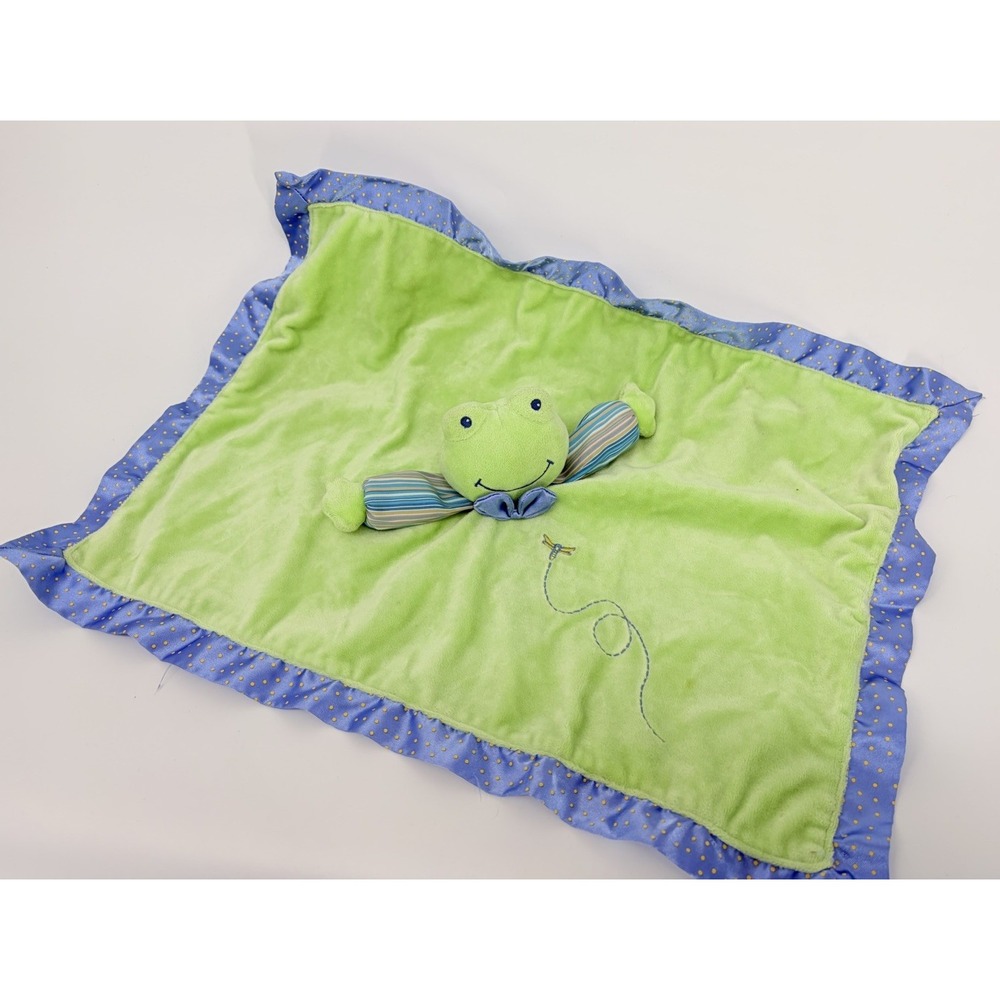 Mary Meyer Green Frog Lovey Blue Stripes Baby Security Blanket Satin Trim